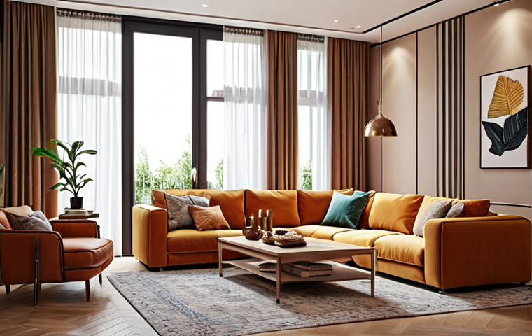 **
A stylish and comfortable living room designed by a skilled living coordinator. The room should showcase a warm and inviting atmosphere, reflecting the client's personality. Include well-coordinated colors and furniture.
**